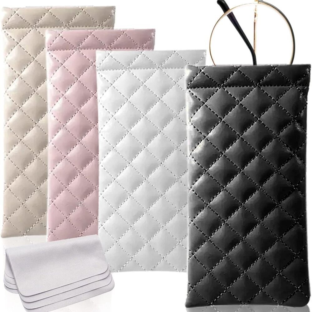 4 Pcs Squeeze Top Sunglass Case with Cleaning Cloth, Soft Leather Eyeglass Case